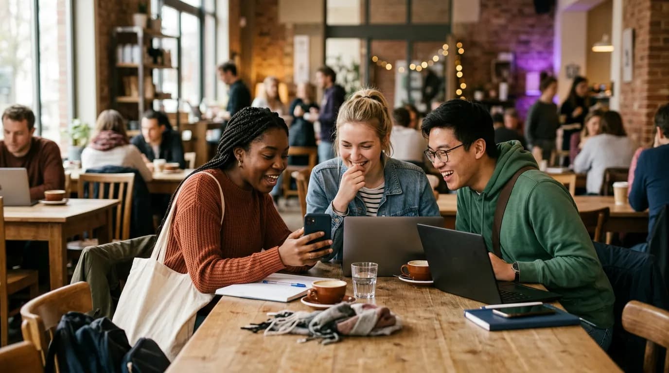 Three students laughing around a café table, with a phone and two laptops in front of them.