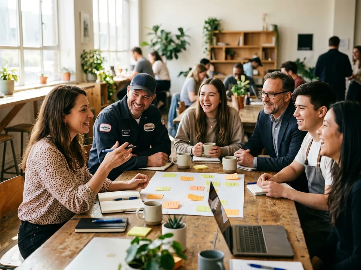 Des dirigeants de petites entreprises de secteurs différents échangent autour d'une grande table.