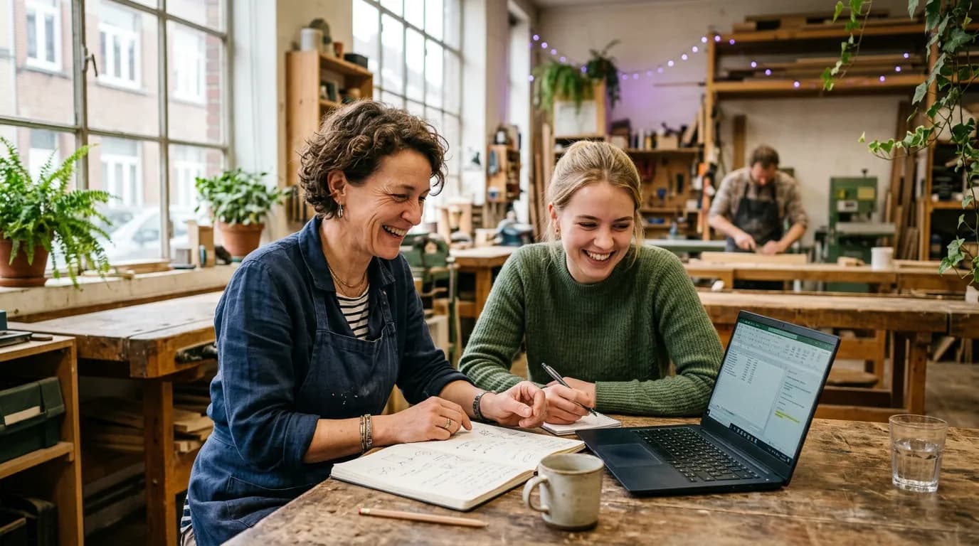 Dans son atelier, une dirigeante prépare une offre de stage avec une conseillère, carnet et ordinateur sur l'établi.